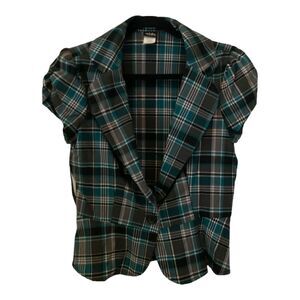TOY BOX cute teal plaid cap sleeve jacket blazer juniors MEDIUM
